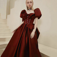 Burgundy Satin Long Prom Dress, Burgundy Short Sleeve Evening Dress - Thumbnail 1