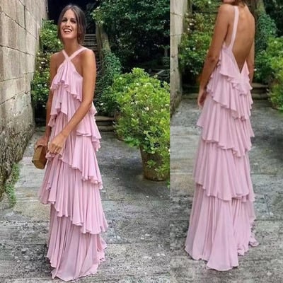 Halter Pink Prom Dresses Tired Floor Length