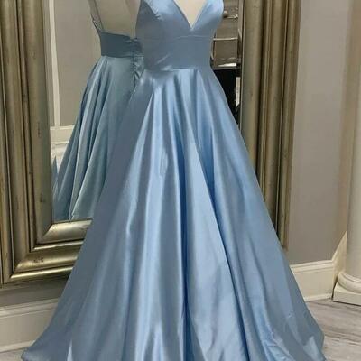A line blue v neck satin long prom evening dresses - Thumbnail 1
