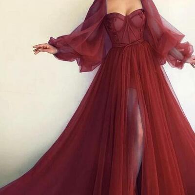 Simple wine red tulle prom dresses,formal evening dresses  - Thumbnail 2