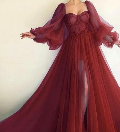 Simple Wine Red Tulle Prom Dresses,Formal Evening Dresses 