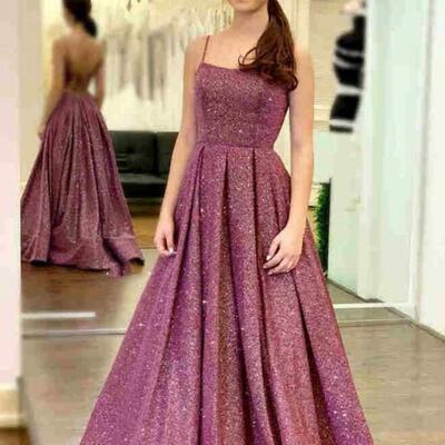 A line shiny long sequin prom dresses