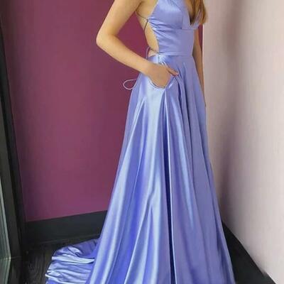 Simple backless open back lilac satin long prom dresses - Thumbnail 1