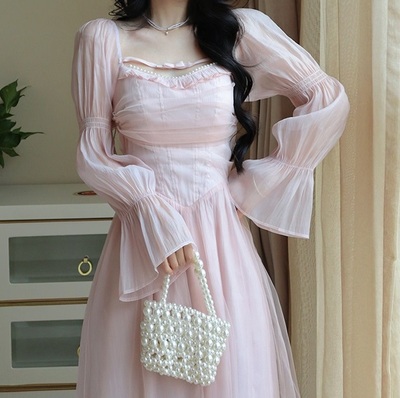 French Elegant Classic High Waist Bow Lace Puff Pearl Princess Tulle Pink Dress
