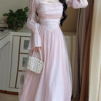 French Elegant Classic High Waist Bow Lace Puff Pearl Princess Tulle Pink Dress - Thumbnail 1