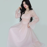 French Elegant Classic High Waist Bow Lace Puff Pearl Princess Tulle Pink Dress - Thumbnail 4