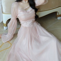 French Elegant Classic High Waist Bow Lace Puff Pearl Princess Tulle Pink Dress - Thumbnail 5