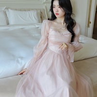 French Elegant Classic High Waist Bow Lace Puff Pearl Princess Tulle Pink Dress - Thumbnail 6