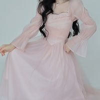 French Elegant Classic High Waist Bow Lace Puff Pearl Princess Tulle Pink Dress - Thumbnail 7