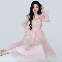 French Elegant Classic High Waist Bow Lace Puff Pearl Princess Tulle Pink Dress - Thumbnail 8