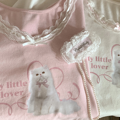 Persian cat kitten cute pattern print sweet girl women fashion puff sleeve lace top shirt - Thumbnail 4