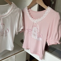 Persian Cat Kitten Cute Pattern Print Sweet Girl Women Fashion Puff Sleeve Lace Top Shirt - Thumbnail 7