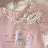 Persian Cat Kitten Cute Pattern Print Sweet Girl Women Fashion Puff Sleeve Lace Top Shirt - Thumbnail 6