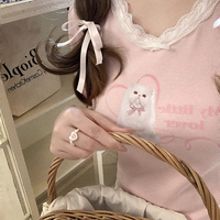 Persian Cat Kitten Cute Pattern Print Sweet Girl Women Fashion Puff Sleeve Lace Top Shirt - Thumbnail 5