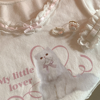 Persian Cat Kitten Cute Pattern Print Sweet Girl Women Fashion Puff Sleeve Lace Top Shirt - Thumbnail 3