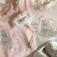 Persian Cat Kitten Cute Pattern Print Sweet Girl Women Fashion Puff Sleeve Lace Top Shirt - Thumbnail 2