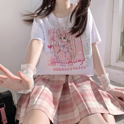 When i miss you anime girl streetwear e-girl grunge japanese y2k print cotton white short sleeved oversize t-shirt tees top