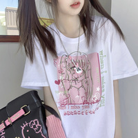 When I Miss You Anime Girl Streetwear E-girl Grunge Japanese Y2K Print Cotton White Short Sleeved Oversize T-shirt Tees Top - Thumbnail 2