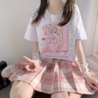 When I Miss You Anime Girl Streetwear E-girl Grunge Japanese Y2K Print Cotton White Short Sleeved Oversize T-shirt Tees Top - Thumbnail 1