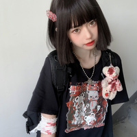 Dark Diary Killer Teddy Bear Black Red Streetwear E-girl Grunge Japanese Y2K Print Cotton Short Sleeved Oversize T-shirt Tees Top - Thumbnail 2