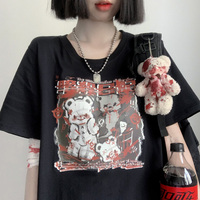 Dark Diary Killer Teddy Bear Black Red Streetwear E-girl Grunge Japanese Y2K Print Cotton Short Sleeved Oversize T-shirt Tees Top - Thumbnail 9