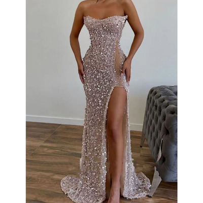 Strapless Sequins Prom Dresses Slit Side for Women