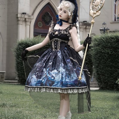 Dark witch starry sky rising sun goldfish blue black gold elegant princess strap dress