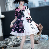 Black Pink White Teddy Bear Cross Anime Girl Grunge Sailor Collar Puff Sleeve Dress - Thumbnail 5