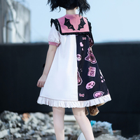 Black Pink White Teddy Bear Cross Anime Girl Grunge Sailor Collar Puff Sleeve Dress - Thumbnail 6