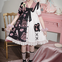 Black Pink White Teddy Bear Cross Anime Girl Grunge Sailor Collar Puff Sleeve Dress - Thumbnail 3