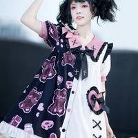 Black Pink White Teddy Bear Cross Anime Girl Grunge Sailor Collar Puff Sleeve Dress - Thumbnail 7
