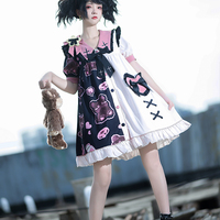 Black Pink White Teddy Bear Cross Anime Girl Grunge Sailor Collar Puff Sleeve Dress - Thumbnail 9