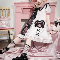 Black Pink White Teddy Bear Cross Anime Girl Grunge Sailor Collar Puff Sleeve Dress - Thumbnail 1