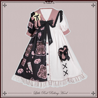 Black Pink White Teddy Bear Cross Anime Girl Grunge Sailor Collar Puff Sleeve Dress - Thumbnail 4