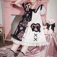 Black Pink White Teddy Bear Cross Anime Girl Grunge Sailor Collar Puff Sleeve Dress - Thumbnail 2