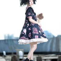 Black Pink White Teddy Bear Cross Anime Girl Grunge Sailor Collar Puff Sleeve Dress - Thumbnail 8
