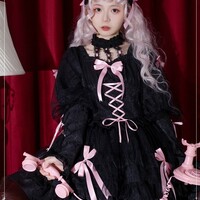 Love Overture Black Pink Bow Princess Strap Dress & Long Sleeve Dress - Thumbnail 2