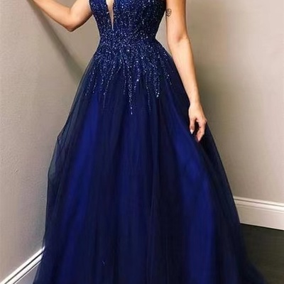 Dark royal blue prom dresses with beading slit side - Thumbnail 1