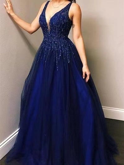 Dark Royal Blue Prom Dresses with Beading Slit Side