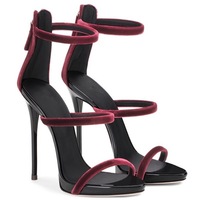 Velvet Burgundy Women Shoes, Popular Black High Heels - Thumbnail 3