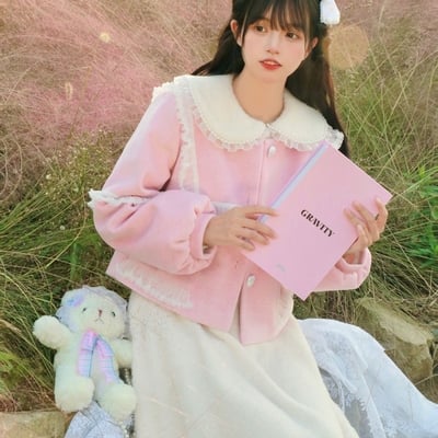 Neon autumn winter sweet soft girl lady pastel pink & white short faux imitation cashmere coat jacket