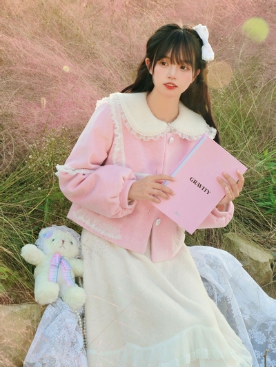 Neon Autumn Winter Sweet Soft Girl Lady Pastel Pink & White Short Faux Imitation Cashmere Coat Jacket