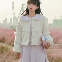 Neon Autumn Winter Sweet Soft Girl Lady Pastel Pink & White Short Faux Imitation Cashmere Coat Jacket - Thumbnail 2