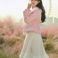 Neon Autumn Winter Sweet Soft Girl Lady Pastel Pink & White Short Faux Imitation Cashmere Coat Jacket - Thumbnail 5