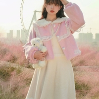 Neon Autumn Winter Sweet Soft Girl Lady Pastel Pink & White Short Faux Imitation Cashmere Coat Jacket - Thumbnail 1
