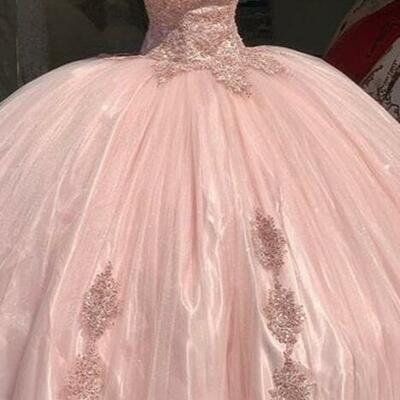 Off shoulder ball gown pink lace prom dresses, sweet 16 dresses - Thumbnail 2
