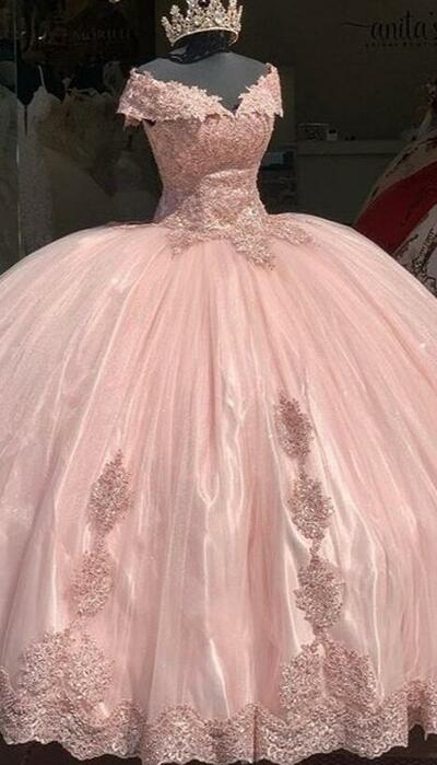 Off Shoulder Ball Gown Pink Lace Prom Dresses, Sweet 16 Dresses