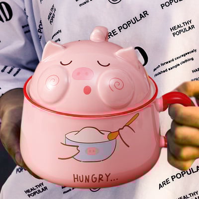 Kawaii pig ramen ceramic bowl with chopsticks lid spoon