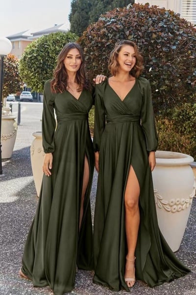 Olive Green Bridesmaid Dresses V Neck for Wedding Party