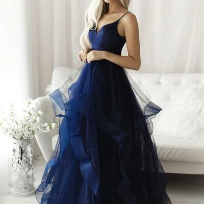A line dark navy blue long prom dresses - Thumbnail 3